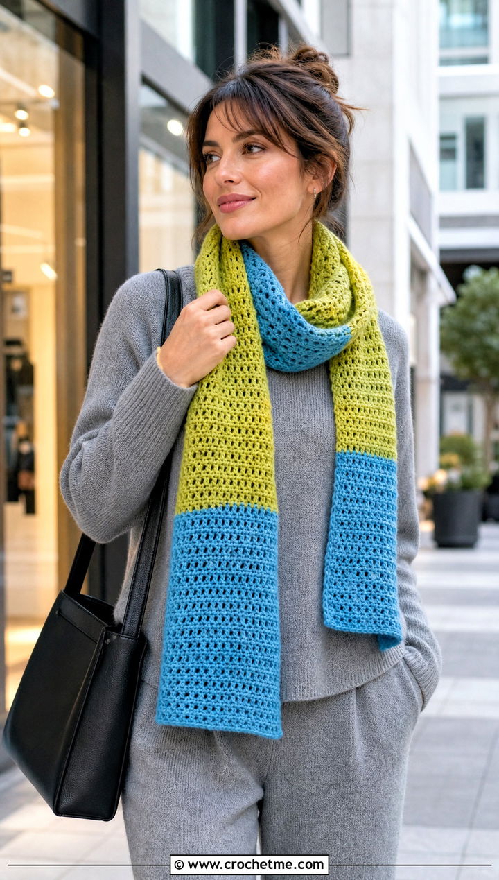 Color Block Crochet Scarf With Monochrome Outfit - 30 wanderlust crochet scarf outfit ideas