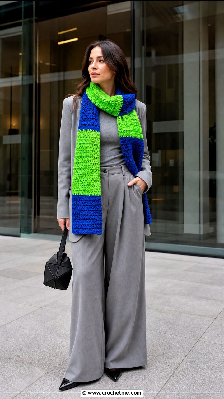 Color Block Crochet Scarf With Monochrome Outfit - 35 beginner crochet scarf outfit ideas