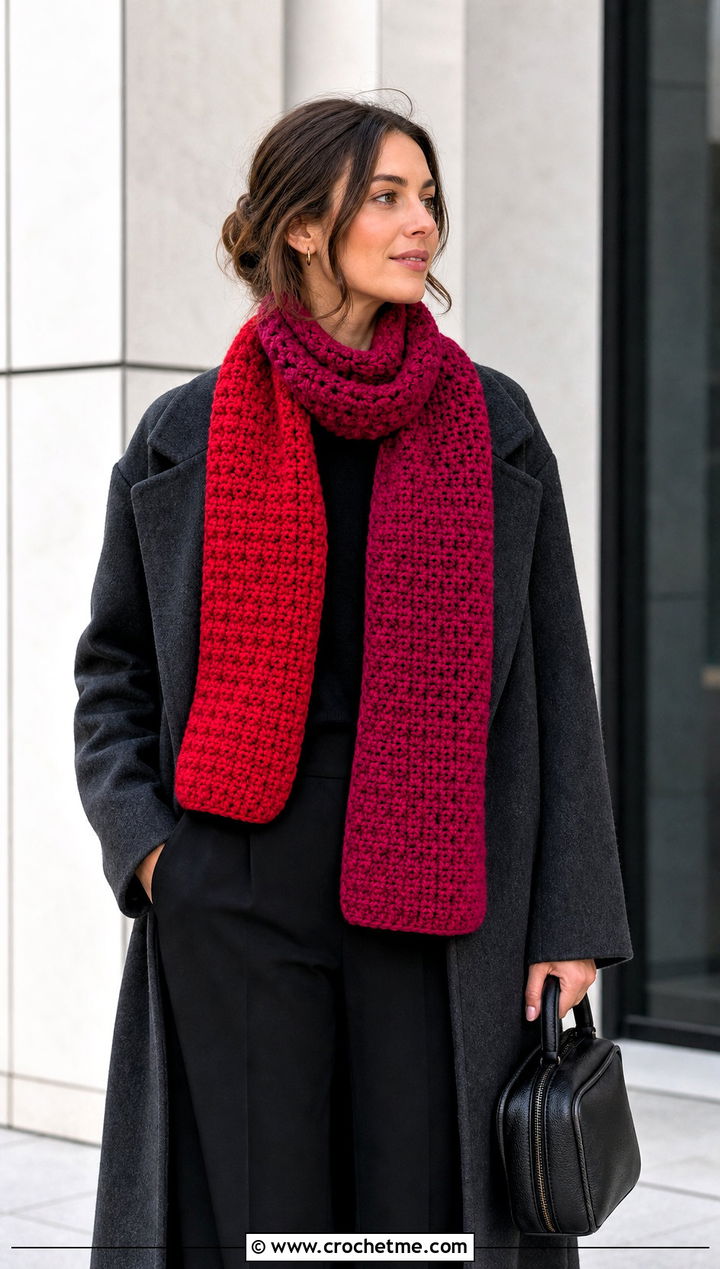 Color Block Crochet Scarf With Monochrome Outfit - 30 autumn crochet scarf outfit ideas