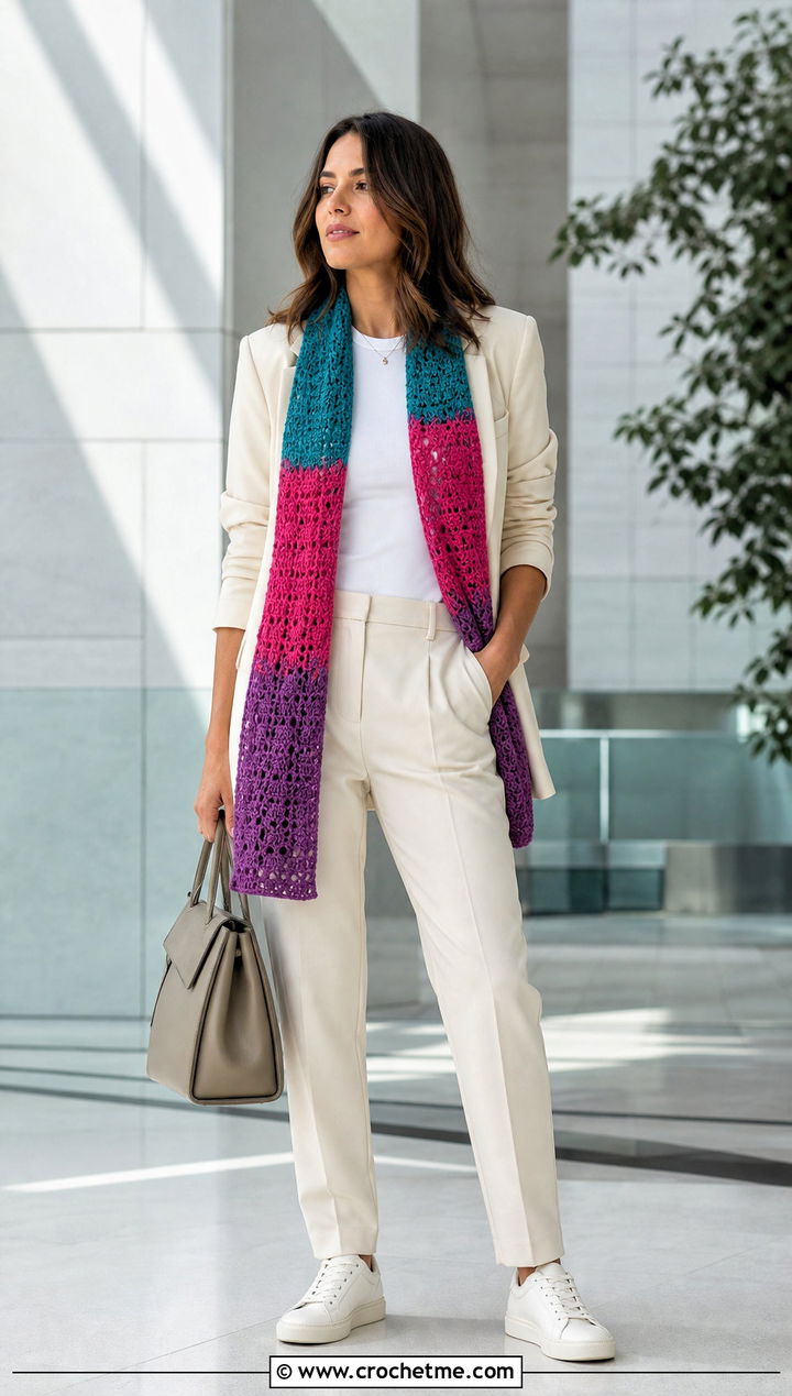 Color Block Crochet Scarf With Monochrome Suit - 35 easy crochet scarf for beginners outfit ideas