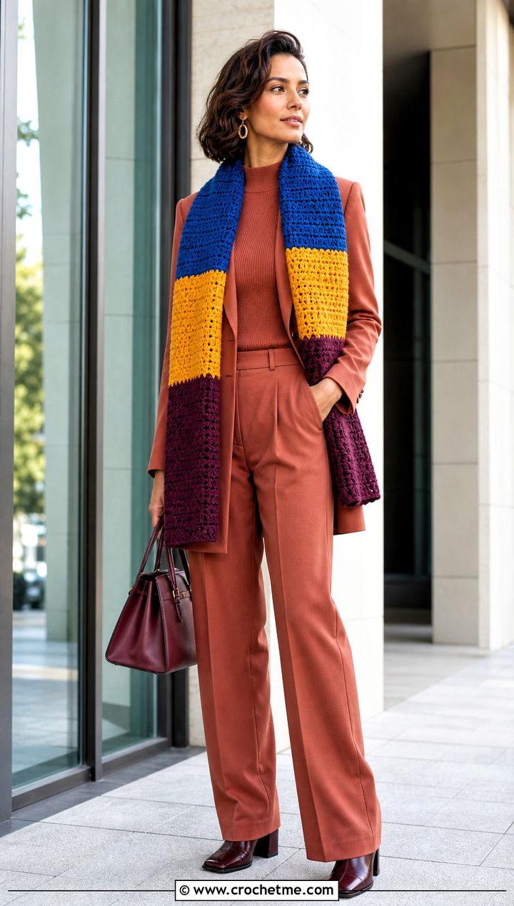 Color Block Crochet Scarf With Monochrome Suit - 35 fall crochet scarf outfit ideas
