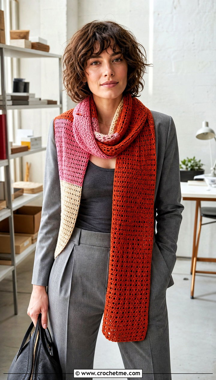 Color Block Crochet Scarf With Monochrome Suit - 30 easy crochet scarfs outfit ideas