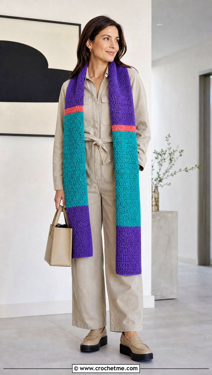Color Block Crochet Scarf With Neutral Jumpsuit - 30 unique crochet scarf outfit ideas