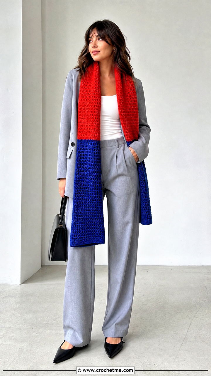 Color Block Crochet Scarf With Neutral Suit - 35 easy crochet scarves outfit ideas