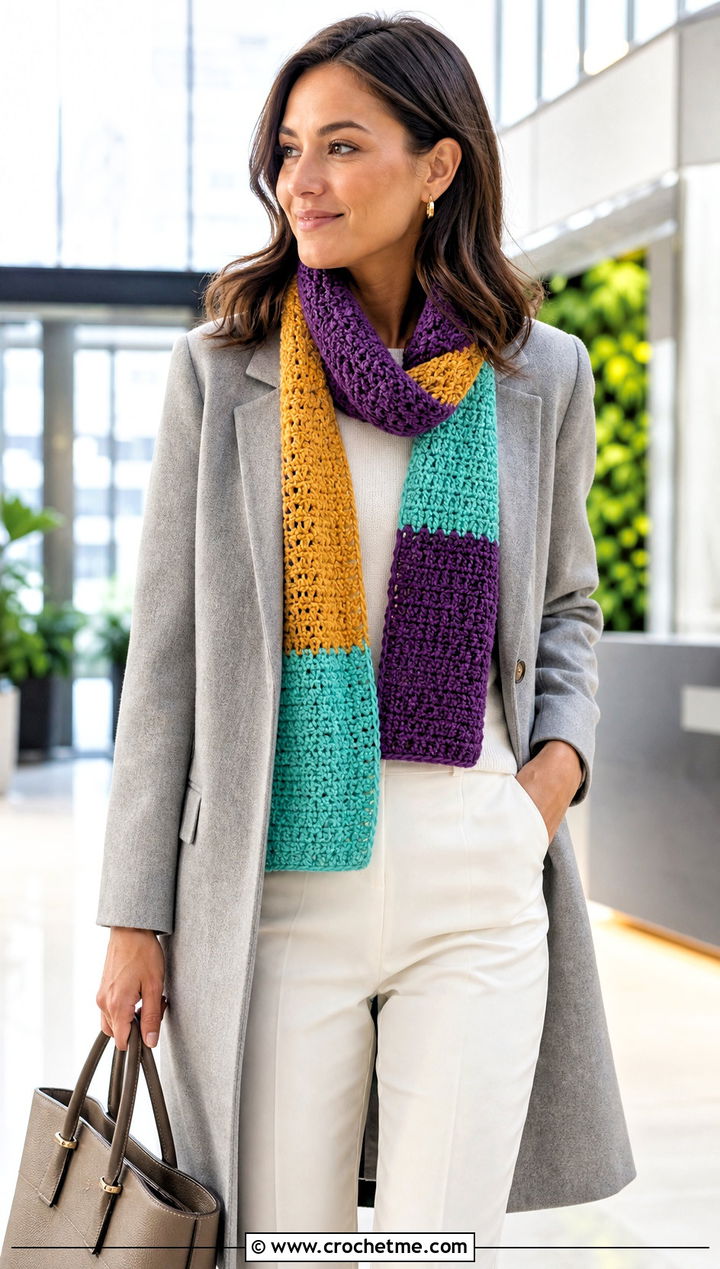 Color Block Crochet Scarf With Neutral Workwear - 25 Multifunctional Crochet Scarf outfit ideas