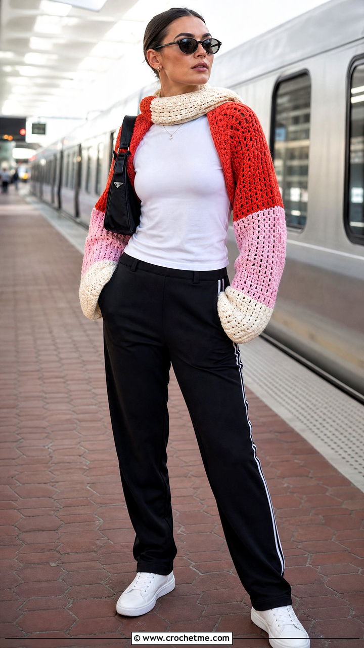 Color Block Crochet Scarf With Sleeves And Track Pants - 35 crochet scarf with sleeves outfit ideas