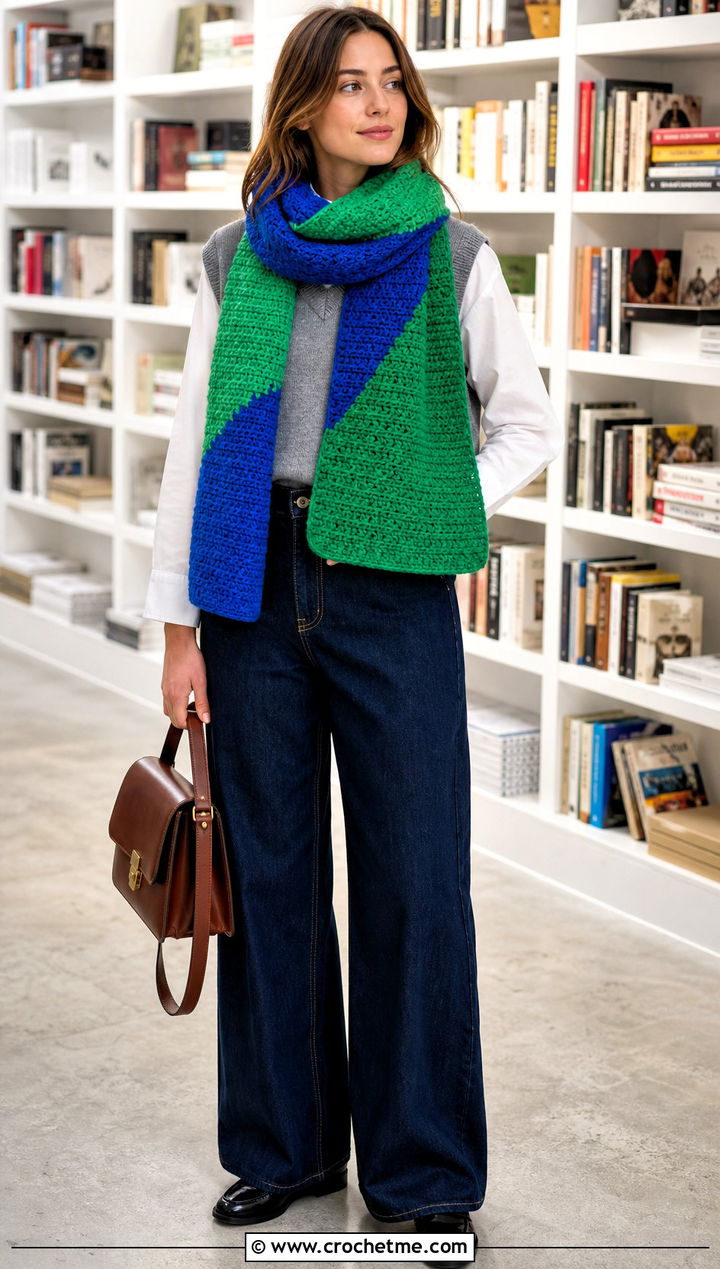 Color Block Crochet Scarf With Sweater Vest And Wide Leg Jeans - 20 Elegant Crochet Scarf outfit ideas