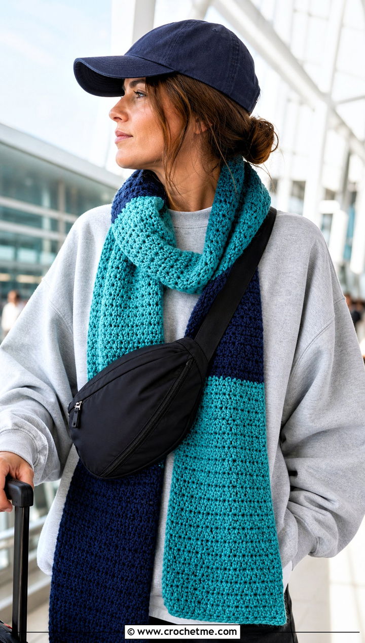 Color Block Crochet Scarf With Sweatshirt - 15 wool ease crochet scarf outfit ideas