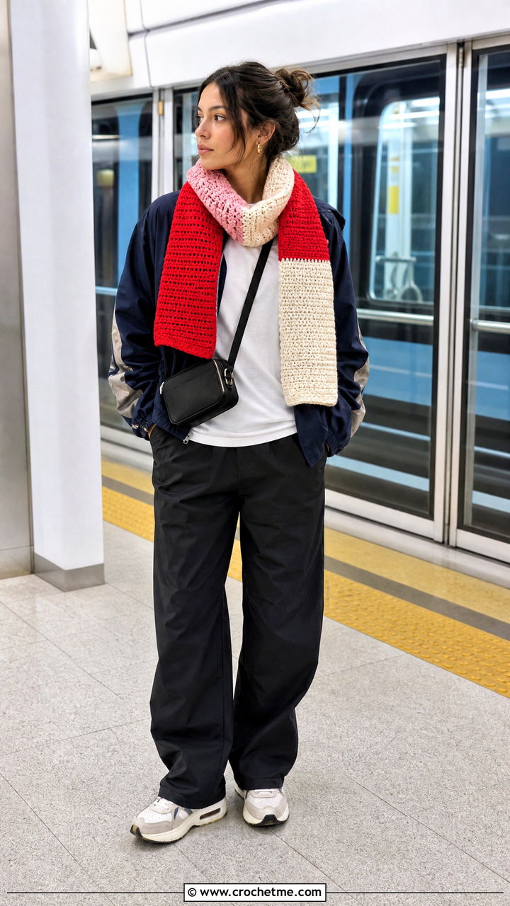 Color Block Crochet Scarf With Track Jacket - 35 crochet scarf ideas