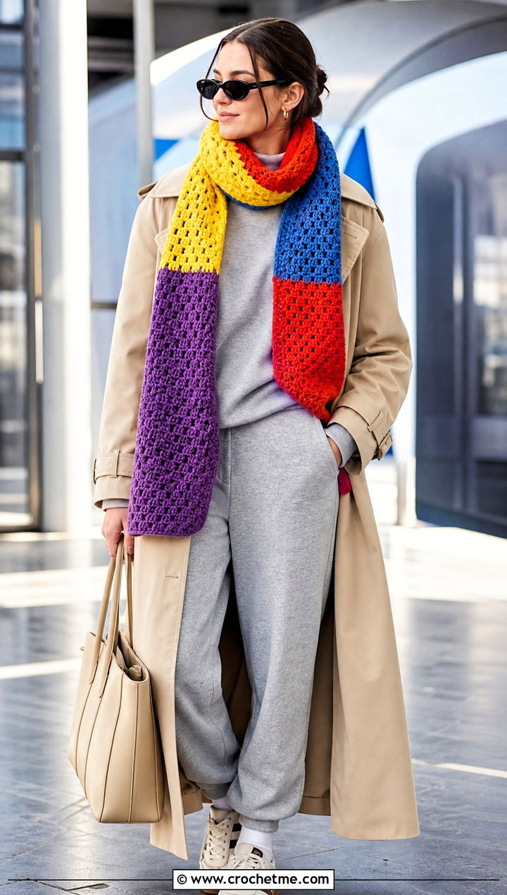 Color Block Crochet Scarf With Tracksuit And Trench - 15 unusual crochet scarf outfit ideas