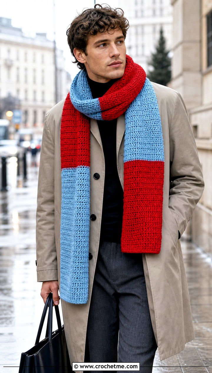 Color Block Crochet Scarf With Trench Coat - 20 Mens Winter Crochet Scarf outfit ideas
