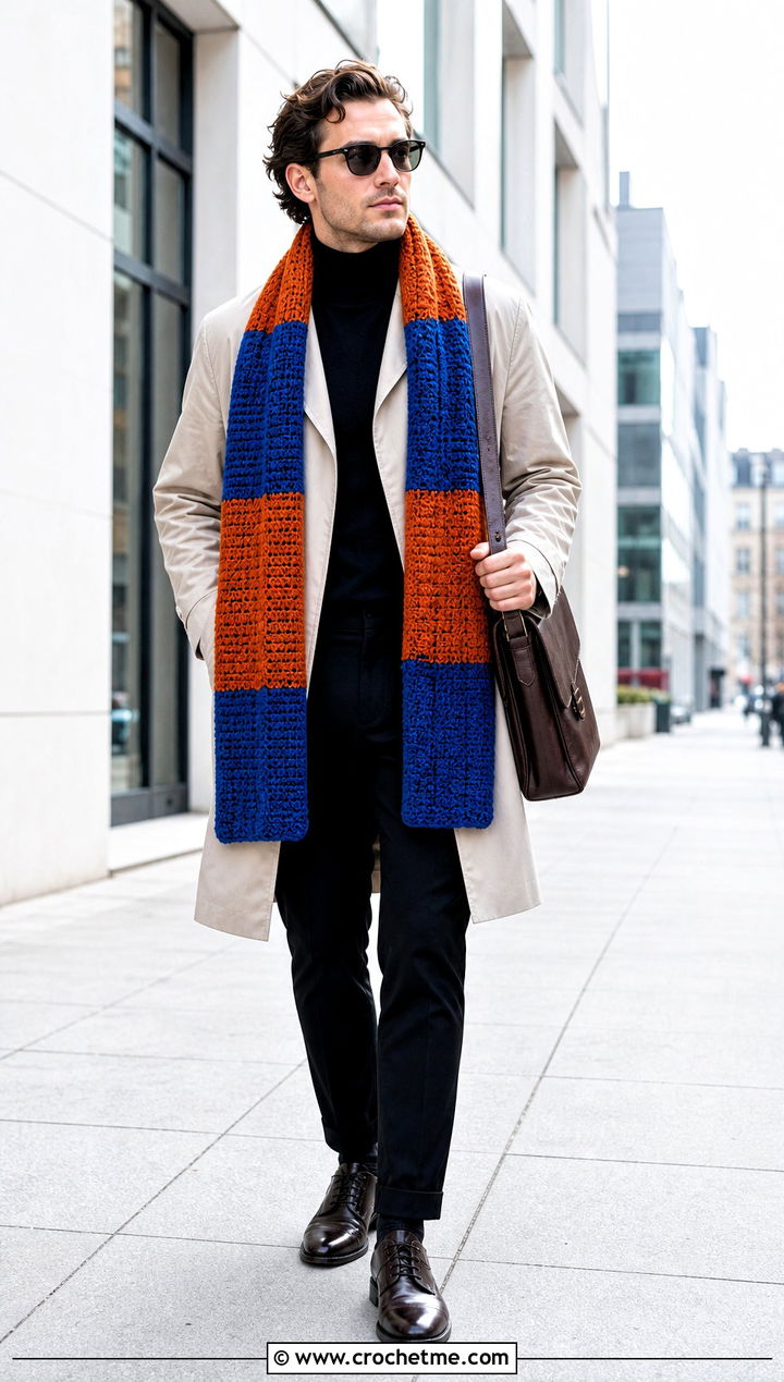 Color Block Crochet Scarf With Trench Coat - 35 men crochet scarf outfit ideas