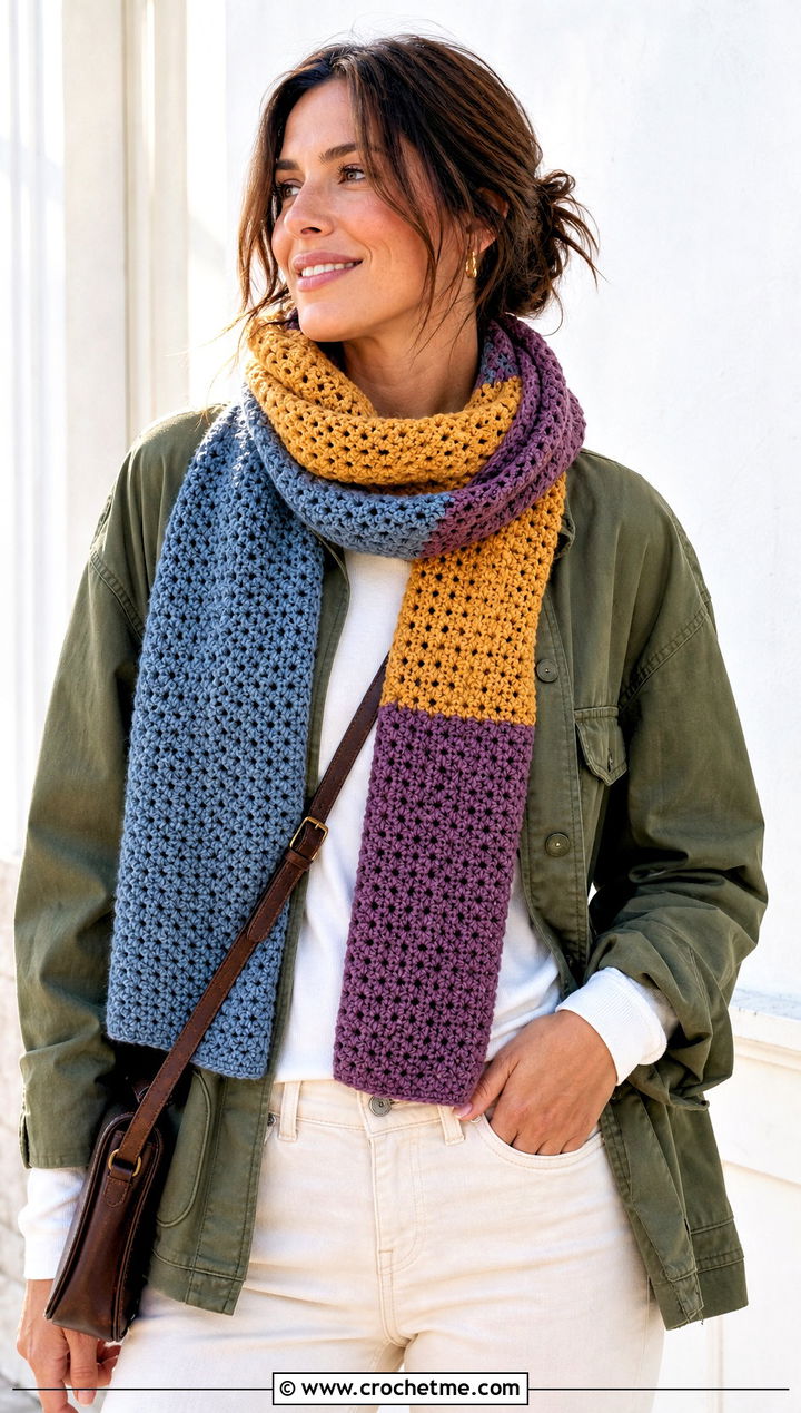 Color Block Crochet Scarf With Utility Jacket - 25 Crochet For Beginners Scarf outfit ideas