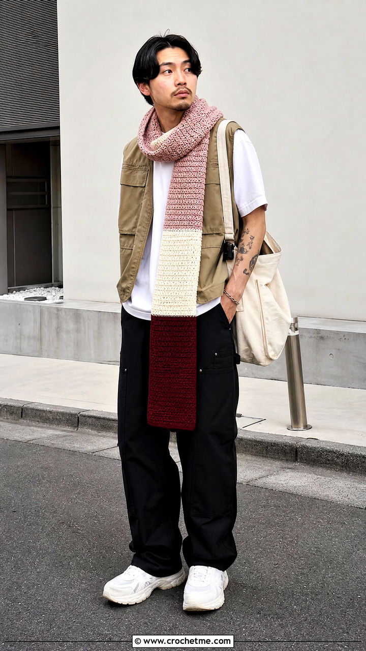 Color Block Crochet Scarf With Utility Outfit - 35 men's crochet scarf outfit ideas