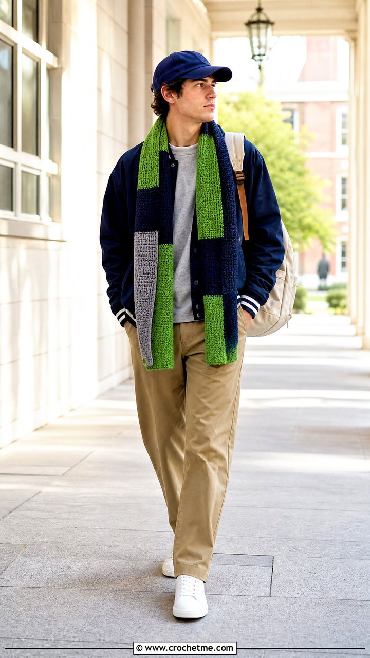 Color Block Crochet Scarf With Varsity Jacket - 35 crochet scarf for men outfit ideas