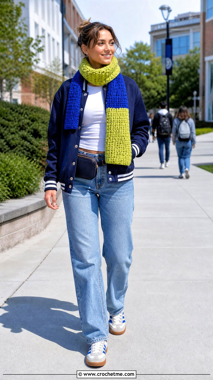Color Block Crochet Scarf With Varsity Jacket - 35 easy crochet scarf outfit ideas