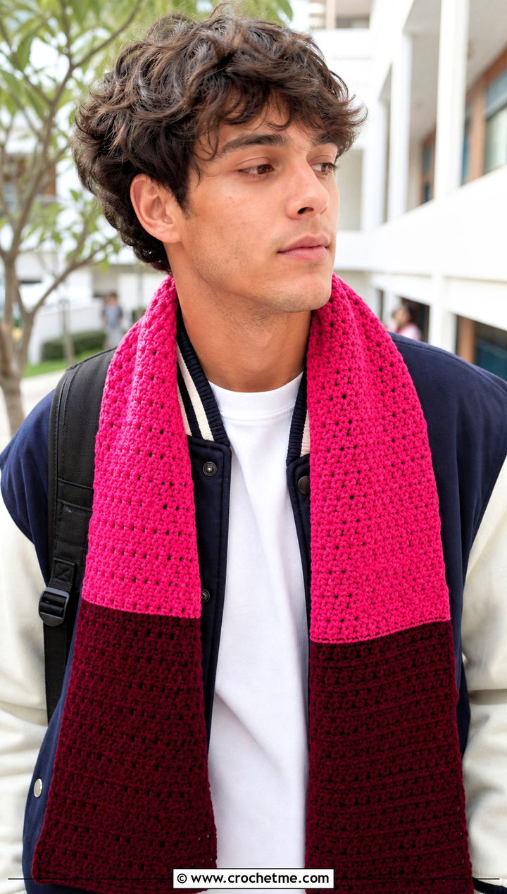 Color Block Crochet Scarf With Varsity Jacket - 20 men's crocheted scarf outfit ideas