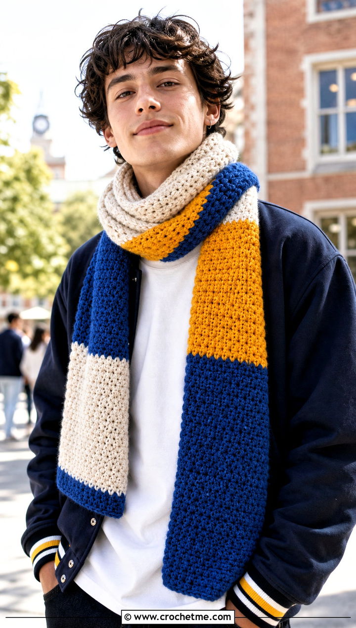 Color Block Crochet Scarf With Varsity Jacket - 30 easy crochet scarf men outfit ideas