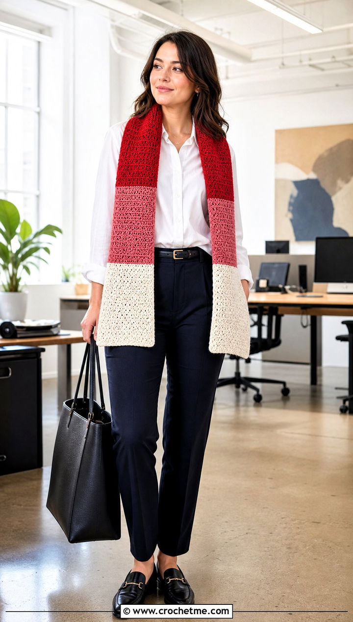 Color Block Crochet Scarf With White Shirt - 35 cute crochet scarf outfit ideas