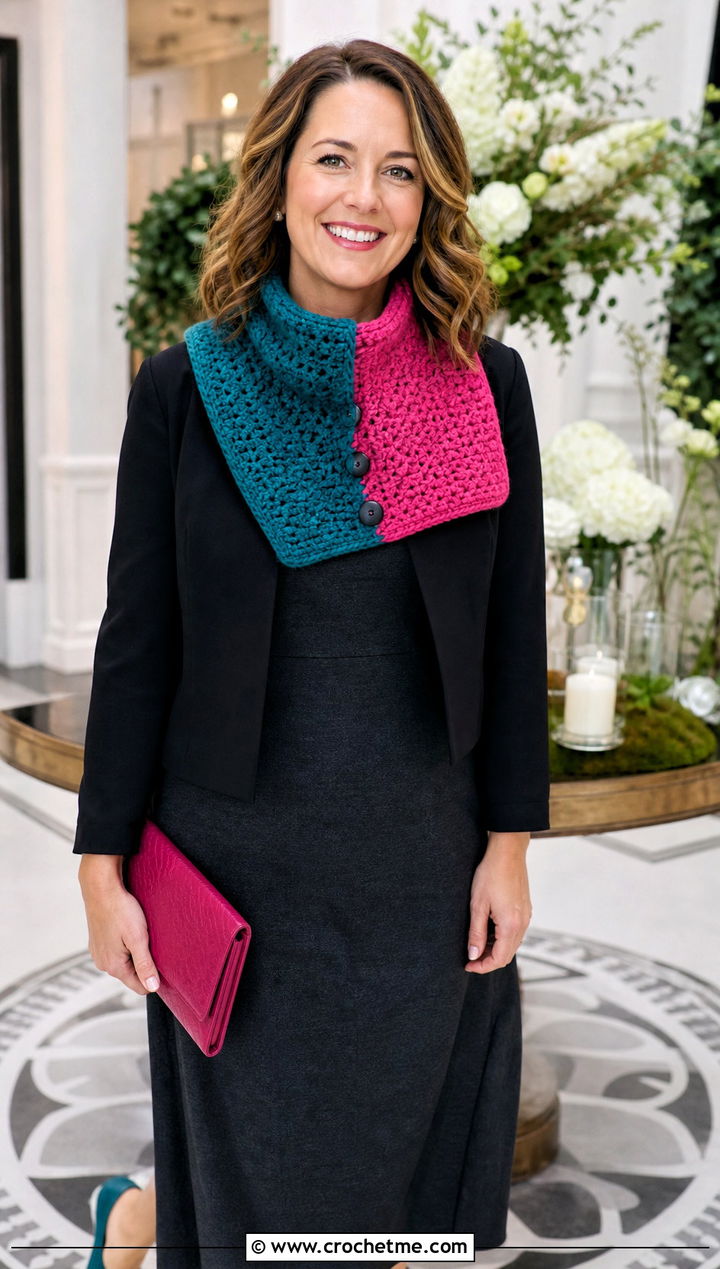 Color Block Crochet Scarflette With Midi Dress - 25 Color Block Crochet Scarf outfit ideas