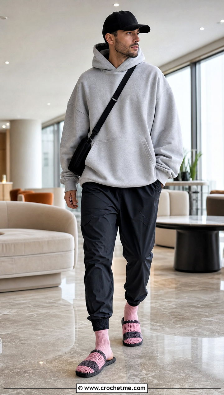 Color Block Crochet Scuff Slippers With Hoodie and Joggers - 35 mens crochet slippers outfit ideas