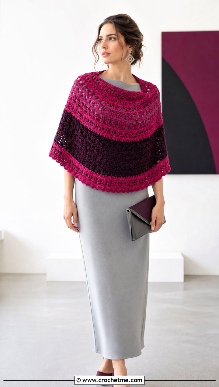 Color Block Crochet Semi Circle Shawl With Column Dress - 25 Crochet Semi Circle Shawl outfit ideas