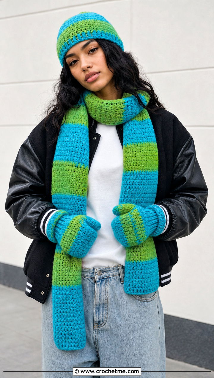 Color Block Crochet Set With Varsity Jacket - 20 Crochet Hat Mittens Scarf Set outfit ideas