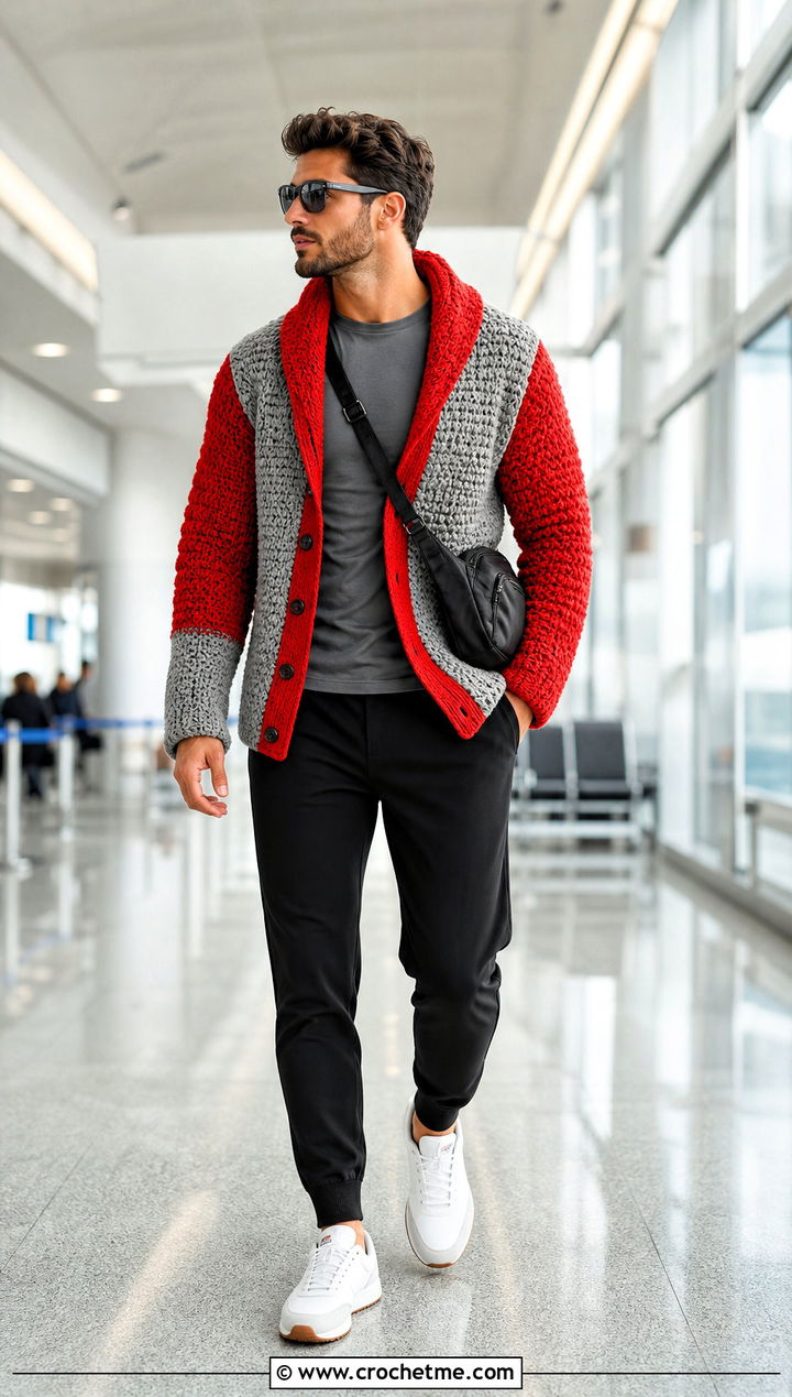 Color Block Crochet Shawl Collar Cardigan With Track Pants - 20 Mens Crochet Shawl Collar Cardigan outfit ideas