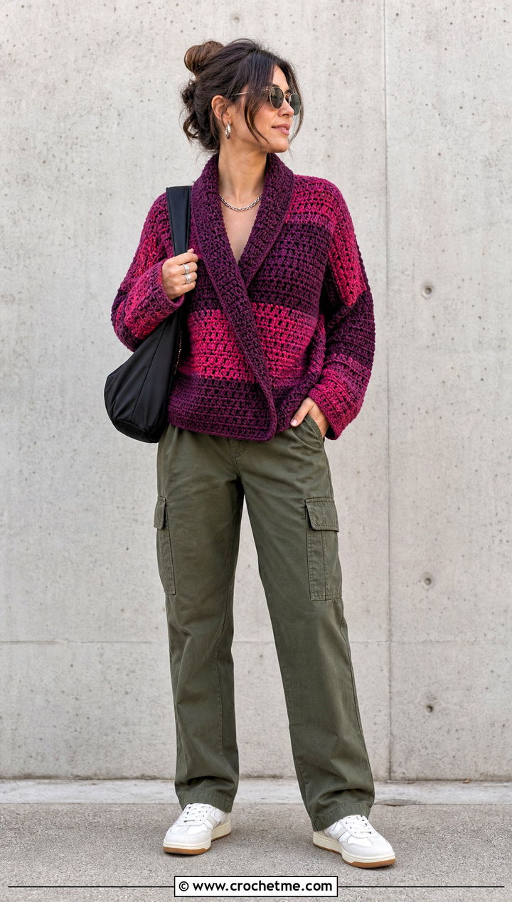 Color Block Crochet Shawl Collar Sweater With Cargo Pants - 20 Crochet Shawl Collar Sweater outfit ideas