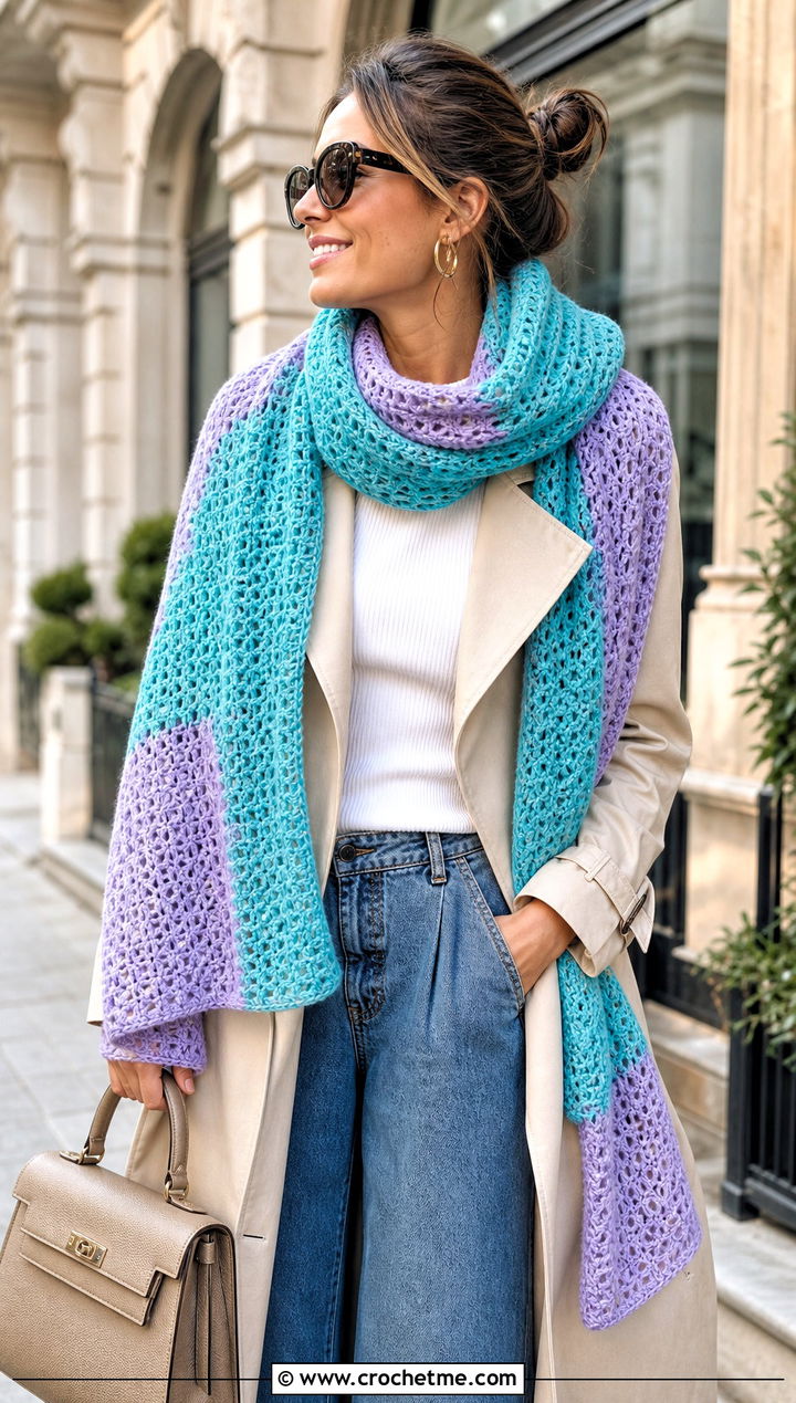 Color Block Crochet Shawl Scarf With Trench Coat - 30 crochet shawl scarf outfit ideas