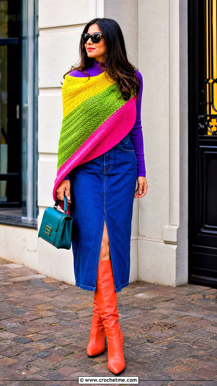 Color Block Crochet Shawl With A Denim Midi Skirt - 35 crochet shawl outfit ideas