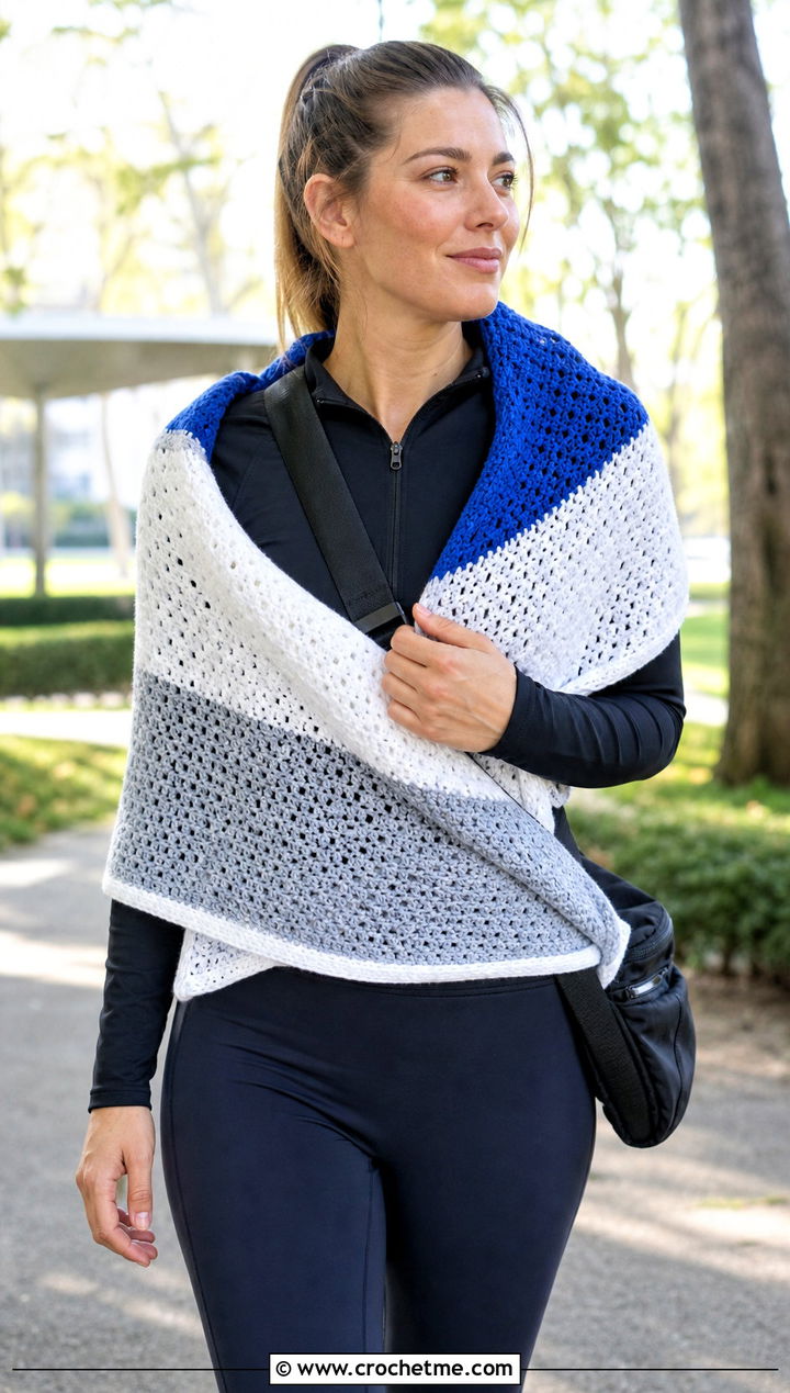 Color Block Crochet Shawl With Athleisure - 25 Crochet A Shawl outfit ideas