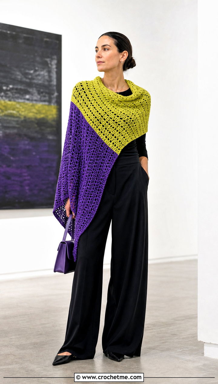 Color Block Crochet Shawl With Black Top And Trousers - 30 simple crochet shawls and wraps outfit ideas
