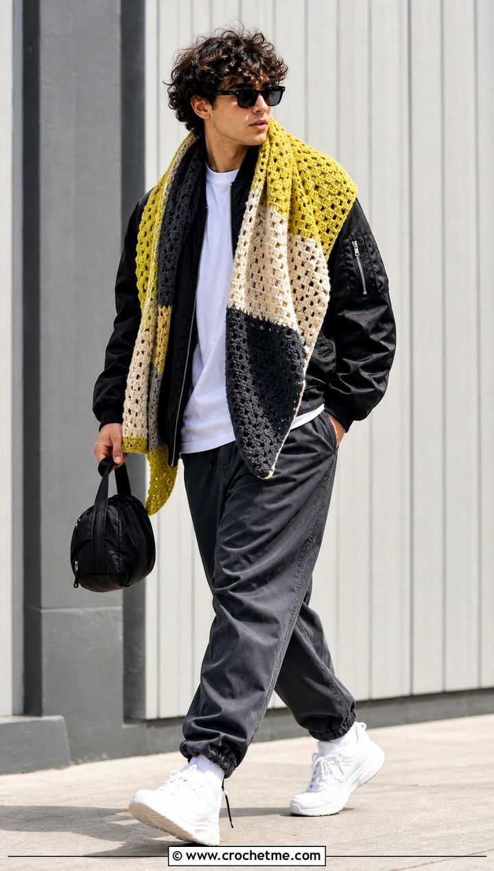 Color Block Crochet Shawl With Bomber Jacket And Track Pants - 35 quick crochet shawl outfit ideas