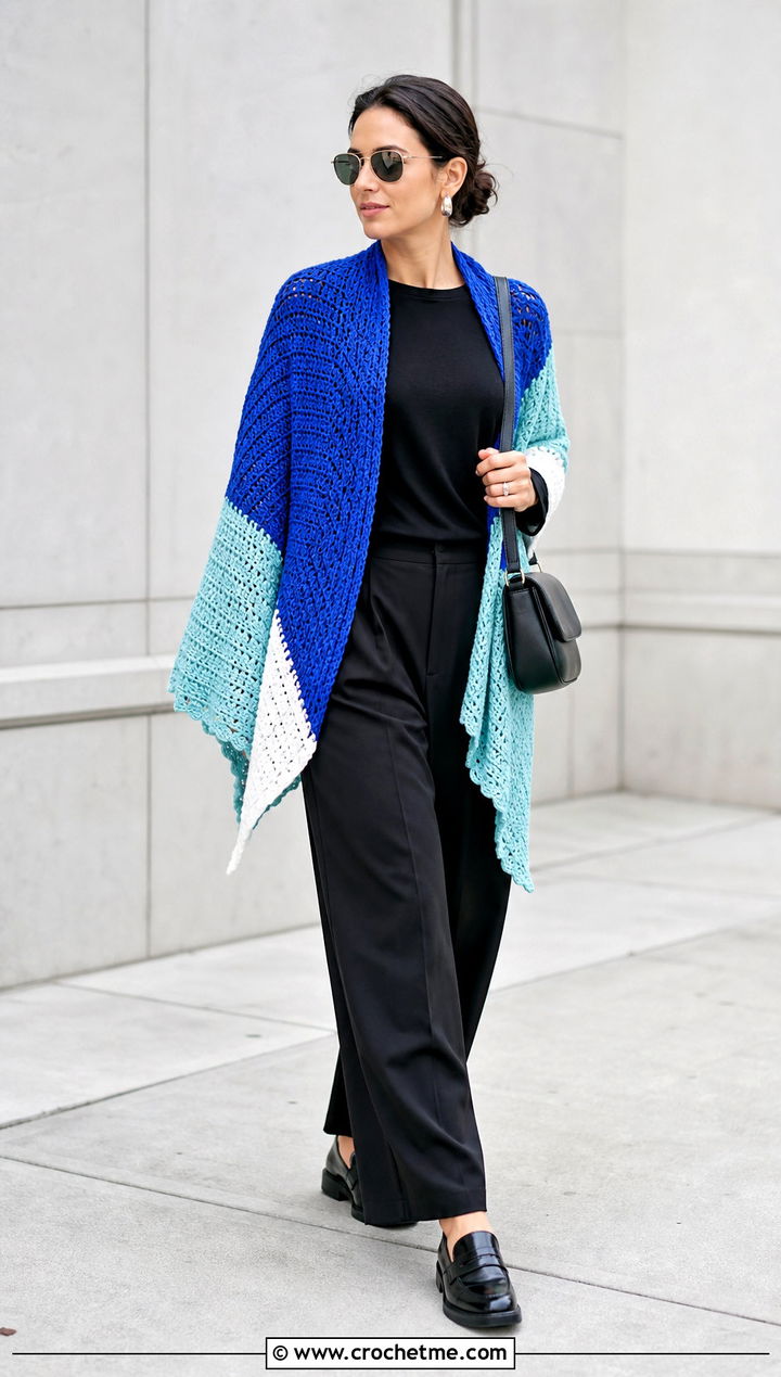 Color Block Crochet Shawl With Minimal Basics - 30 crochet shawl wraps outfit ideas