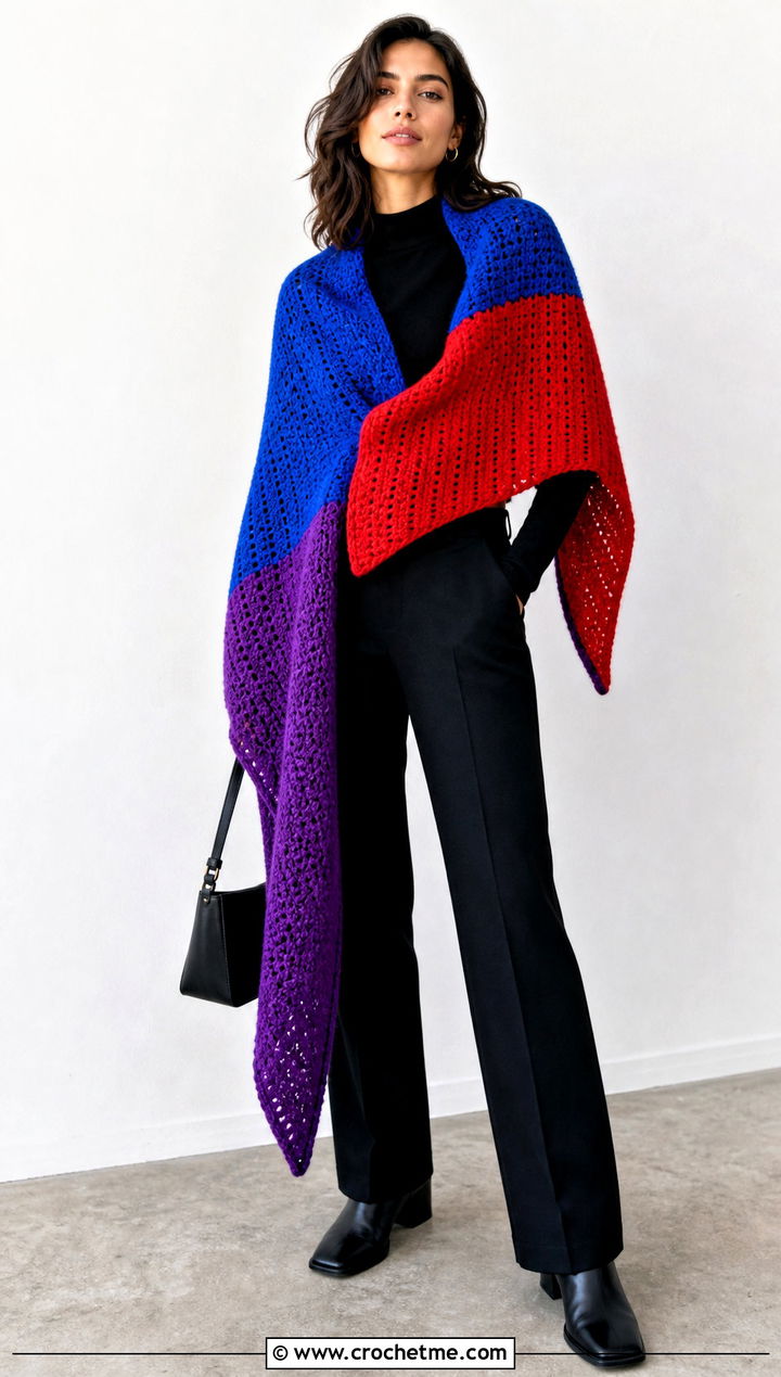 Color Block Crochet Shawl With Minimal Black Outfit - 25 crochet for shawls outfit ideas