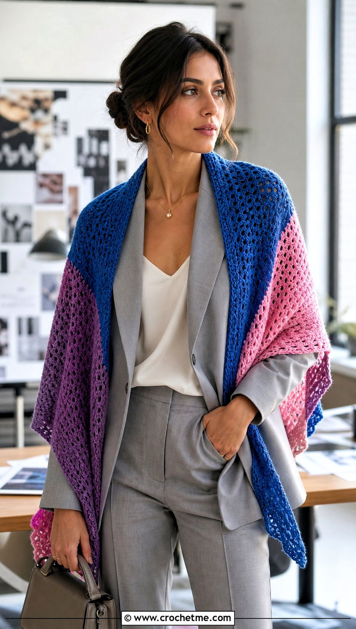 Color Block Crochet Shawl With Monochrome Suit - 25 Crochet For Shawl outfit ideas