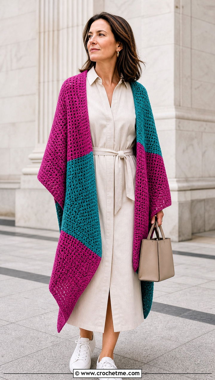 Color Block Crochet Shawl With Shirt Dress - 30 summer crochet shawl outfit ideas