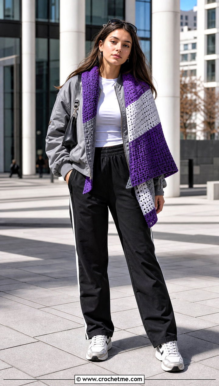 Color Block Crochet Shawl With Track Pants And Bomber Jacket - 35 easy crochet shawl outfit ideas