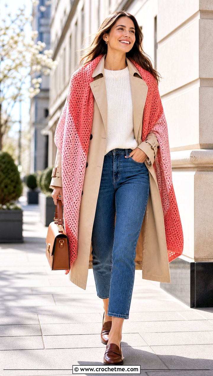 Color Block Crochet Shawl With Trench Coat - 20 Crochet Shawl Worsted Weight Yarn outfit ideas