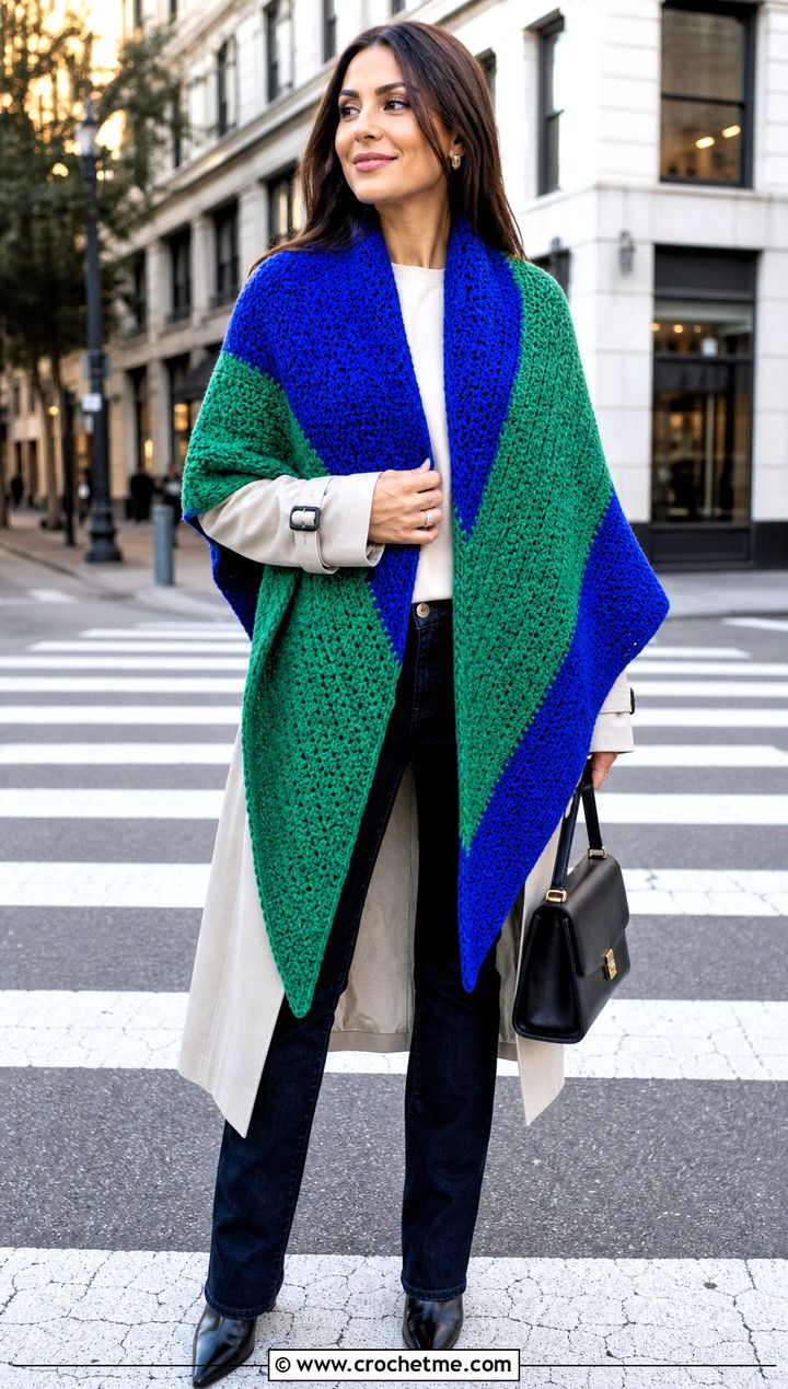 Color Block Crochet Shawl With Trench Coat - 25 Fall Crochet Shawl outfit ideas