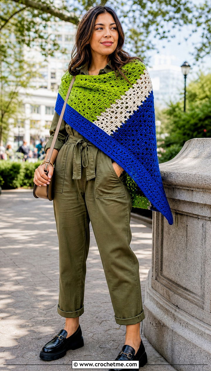 Color Block Crochet Shawl With Utility Jumpsuit - 25 Spring Crochet Shawl outfit ideas