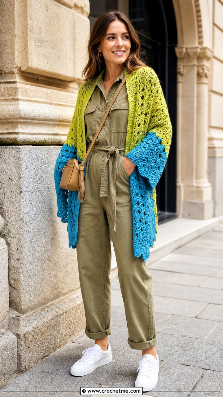Color Block Crochet Shawl With Utility Jumpsuit - 35 Crocheted Shawls And Wraps outfit ideas