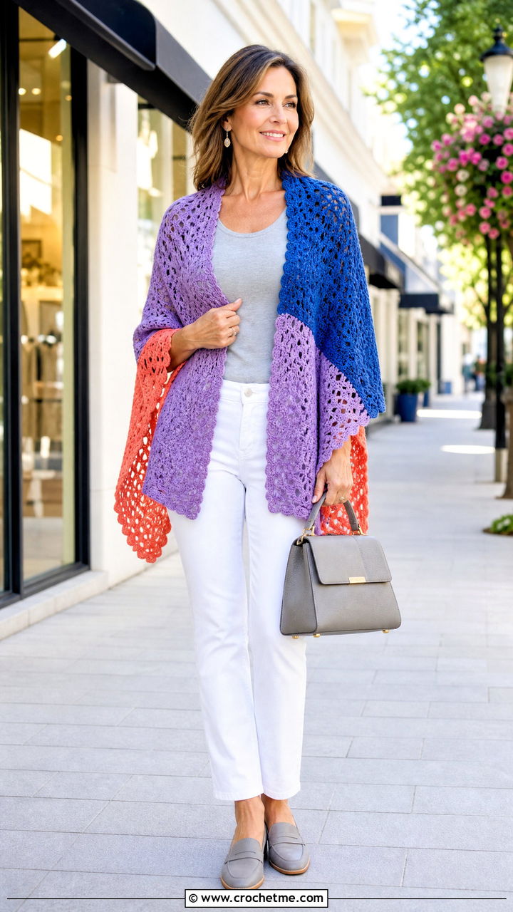 Color Block Crochet Shawl With White Jeans - 35 easy simple crochet shawl outfit ideas