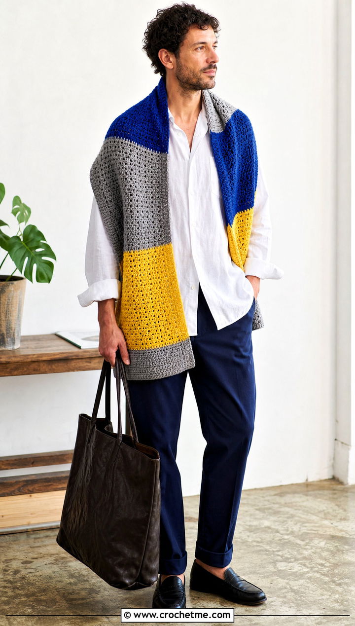 Color Block Crochet Shawl With White Shirt - 30 crochet shawl for men outfit ideas