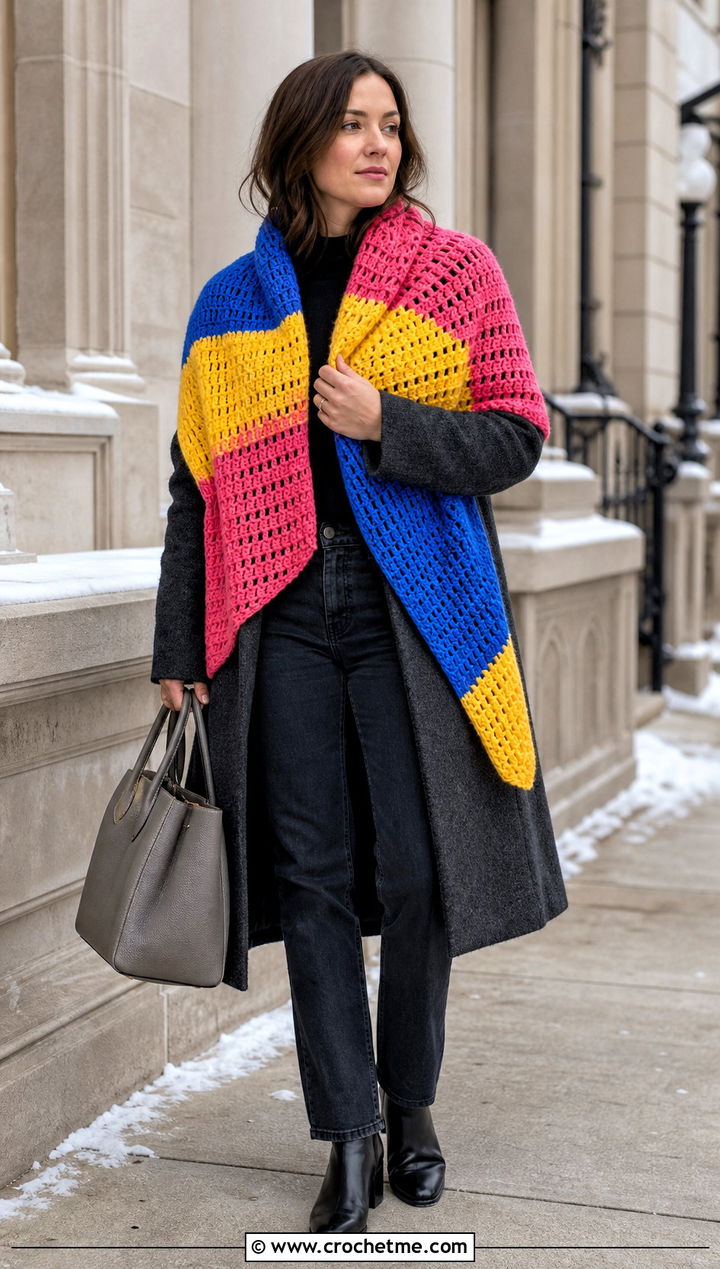 Color Block Crochet Shawl With Wool Coat - 25 Simple Crochet Shawl outfit ideas