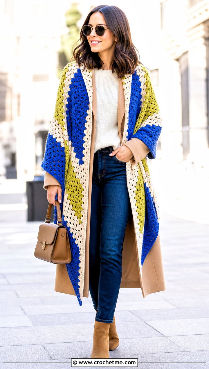 Color Block Crochet Shawl With Wool Coat - 30 winter crochet shawl outfit ideas