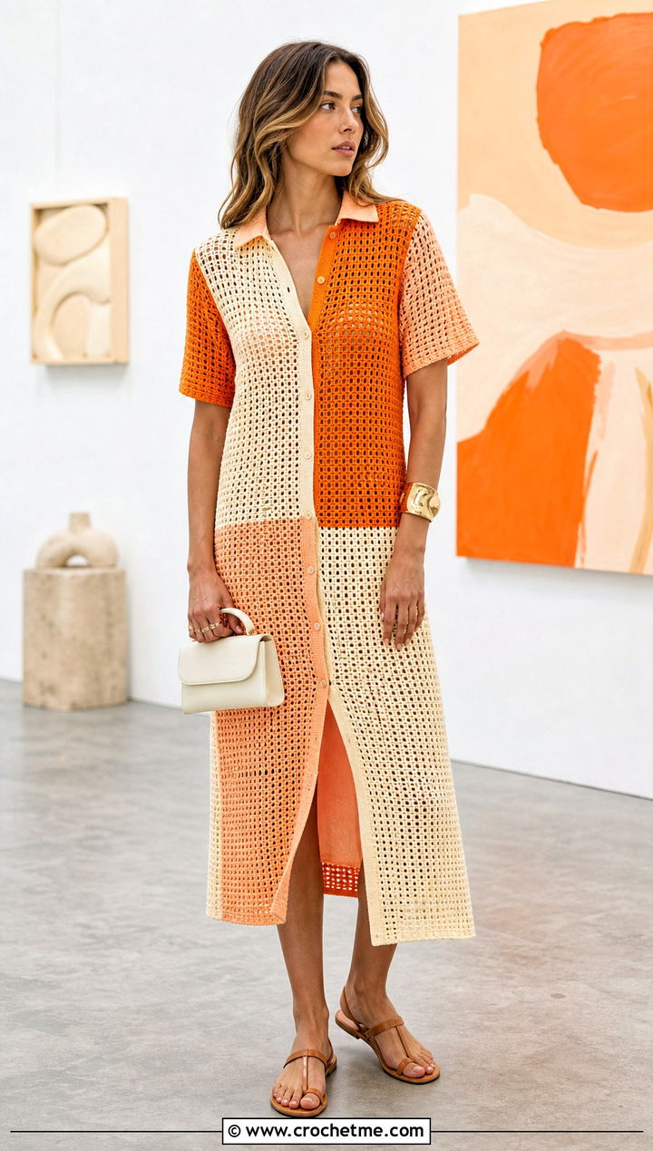 Color Block Crochet Shirt Dress With Minimal Sandals - 35 crochet shirt dress outfit ideas