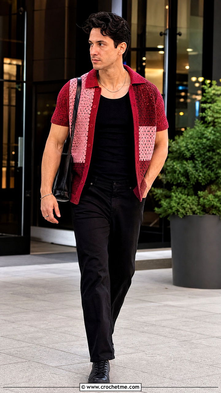 Color Block Crochet Shirt With Black Jeans - 35 crochet shirt men outfit ideas