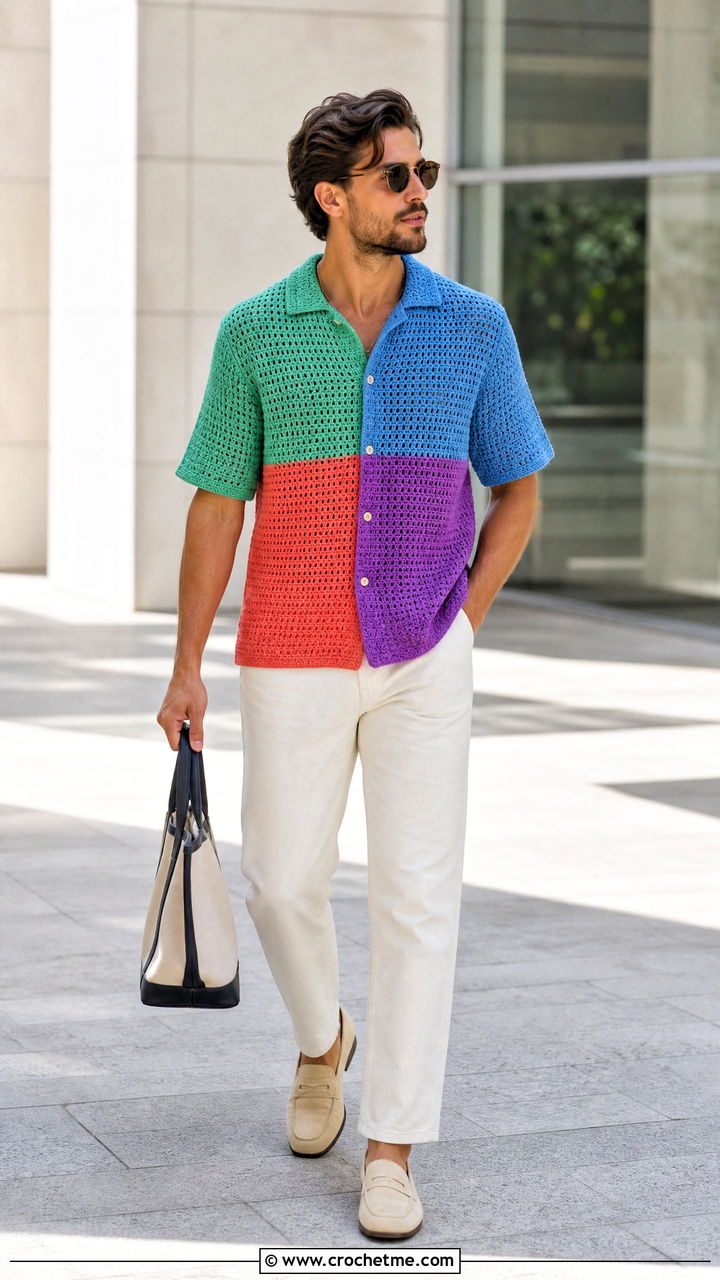 Color Block Crochet Shirt With Ecru Jeans - 35 crochet men shirt outfit ideas